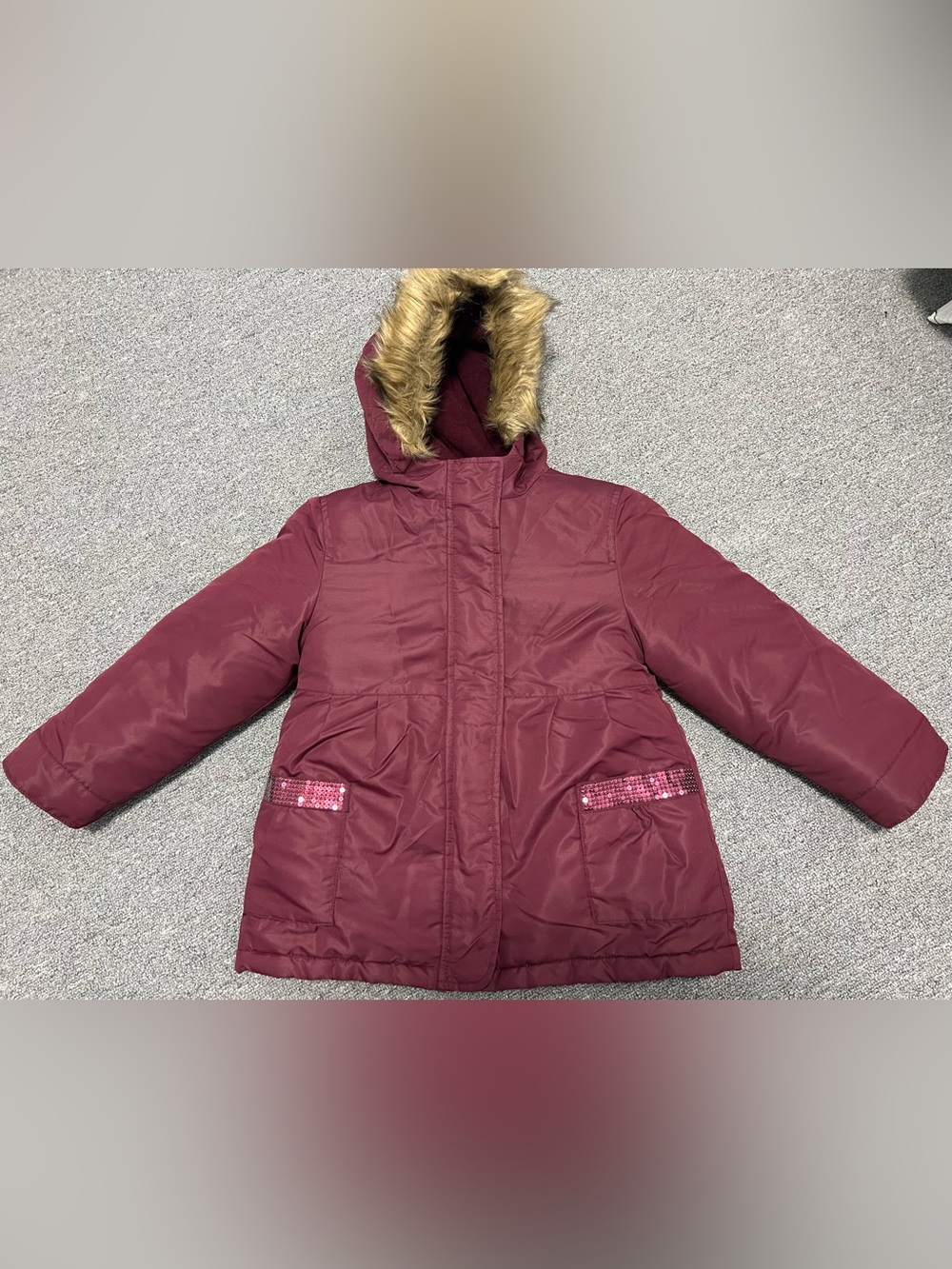 Girls' 2 in 1 Burgundy Hooded Puffer Coat with Faux Fur Trim